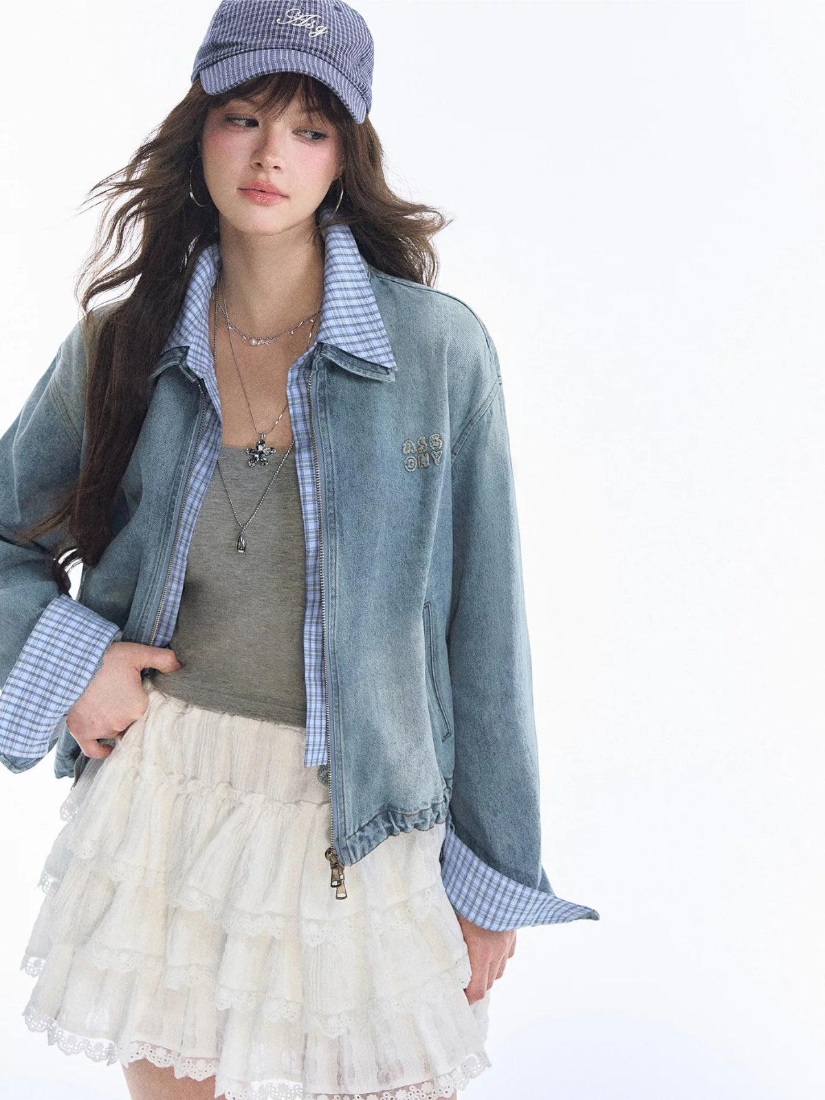 Academic Plaid Patchwork Denim Jacket