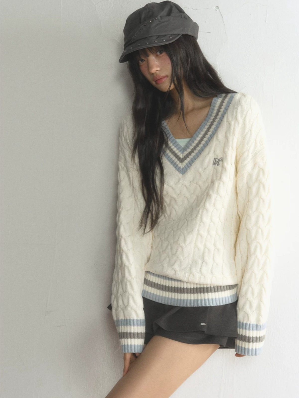 Preppy Contrast V-Neck Cable-Knit Sweater
