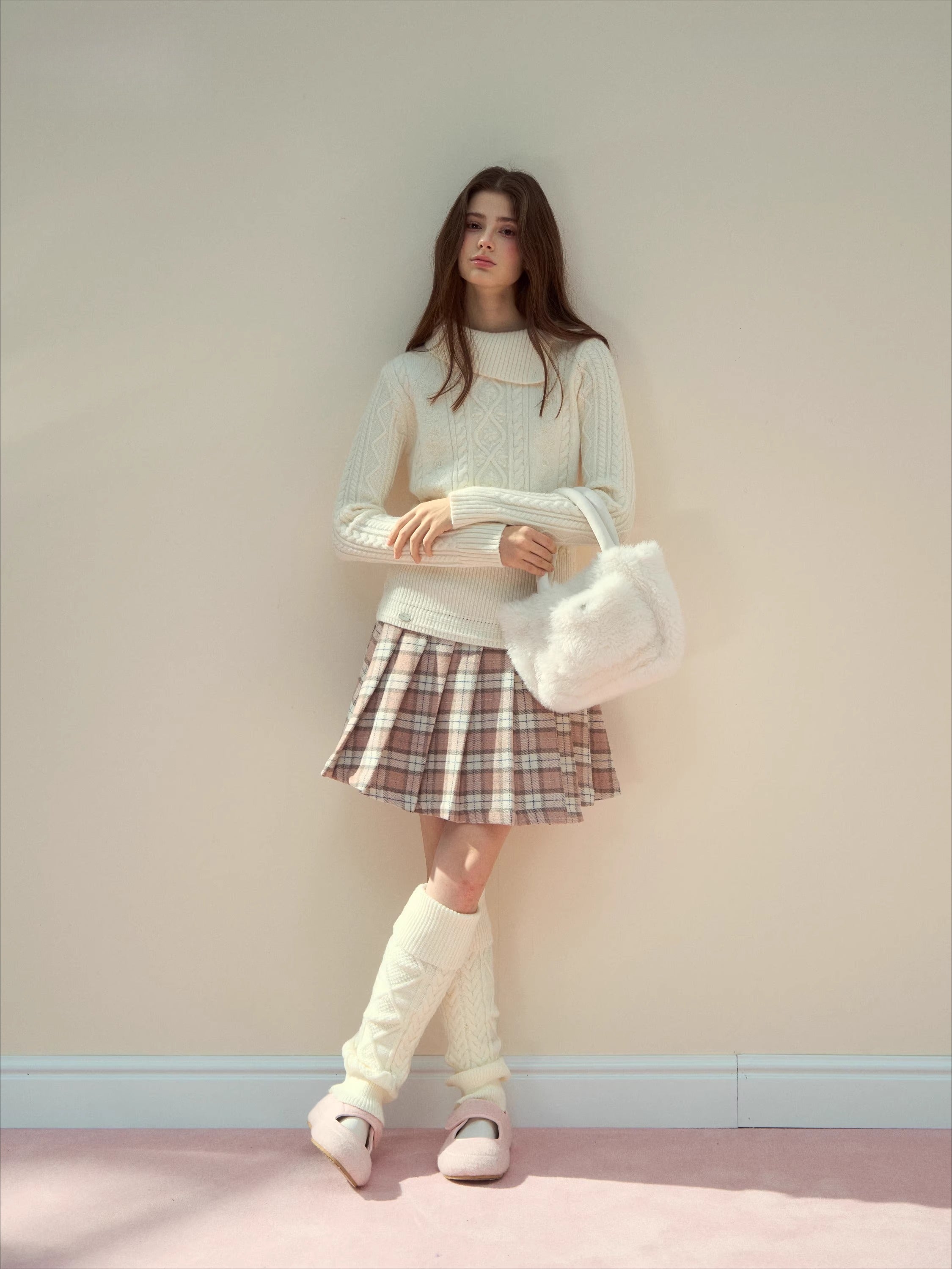 Pink Plaid 60% Wool Pleated Skirt