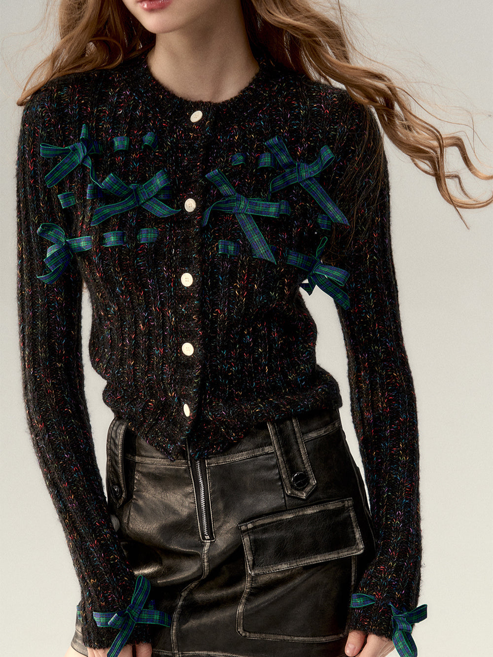 Bowknot Knit Cardigan & Hat & Scarf Set