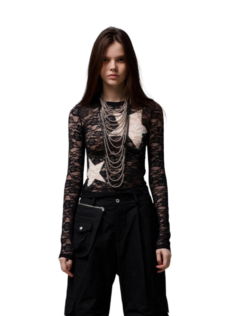 Vintage Contrast Star Patch Lace Slim Long Sleeve Top