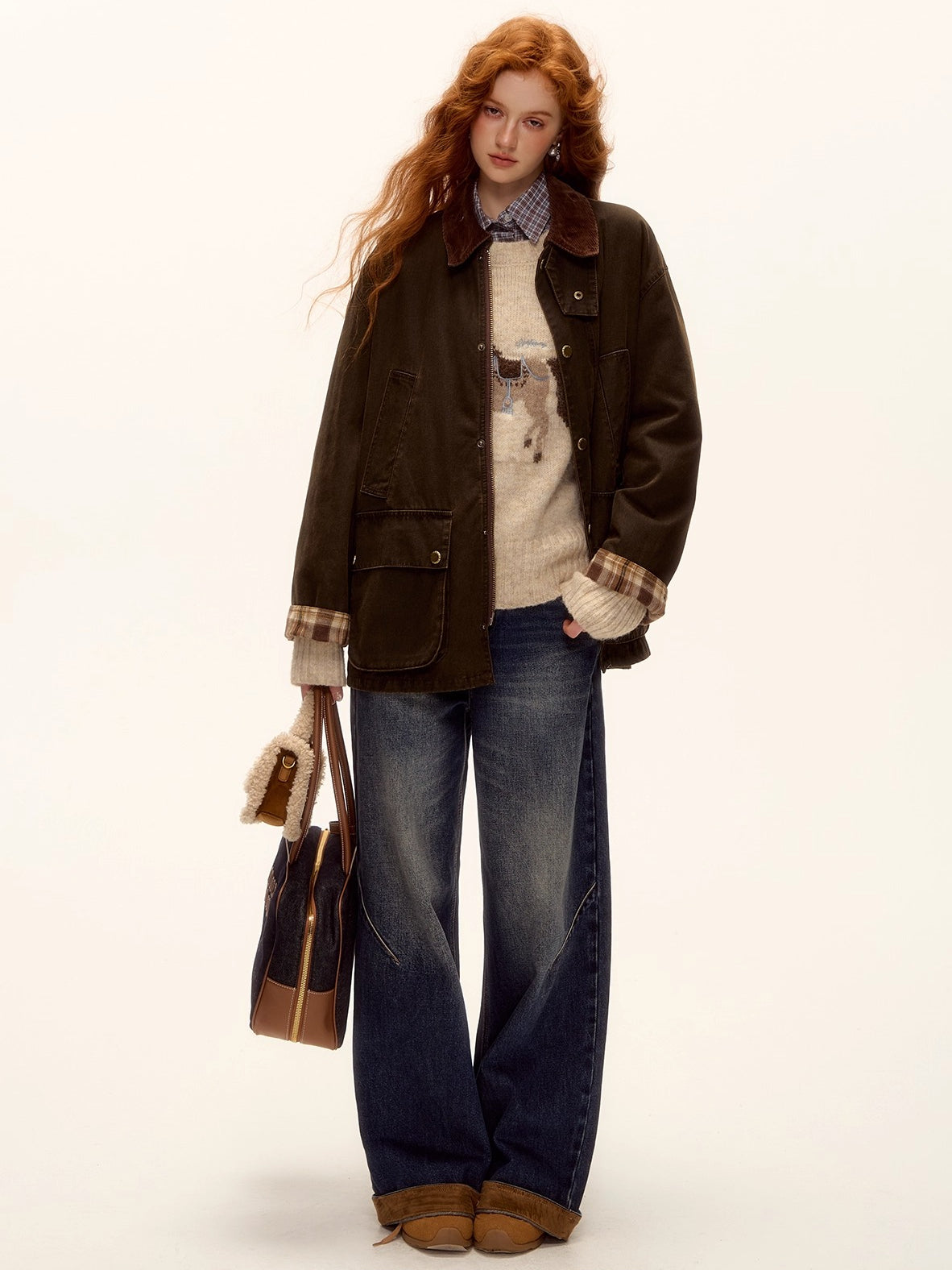 Suede Patchwork Cat-Whisker Wide-Leg Jeans