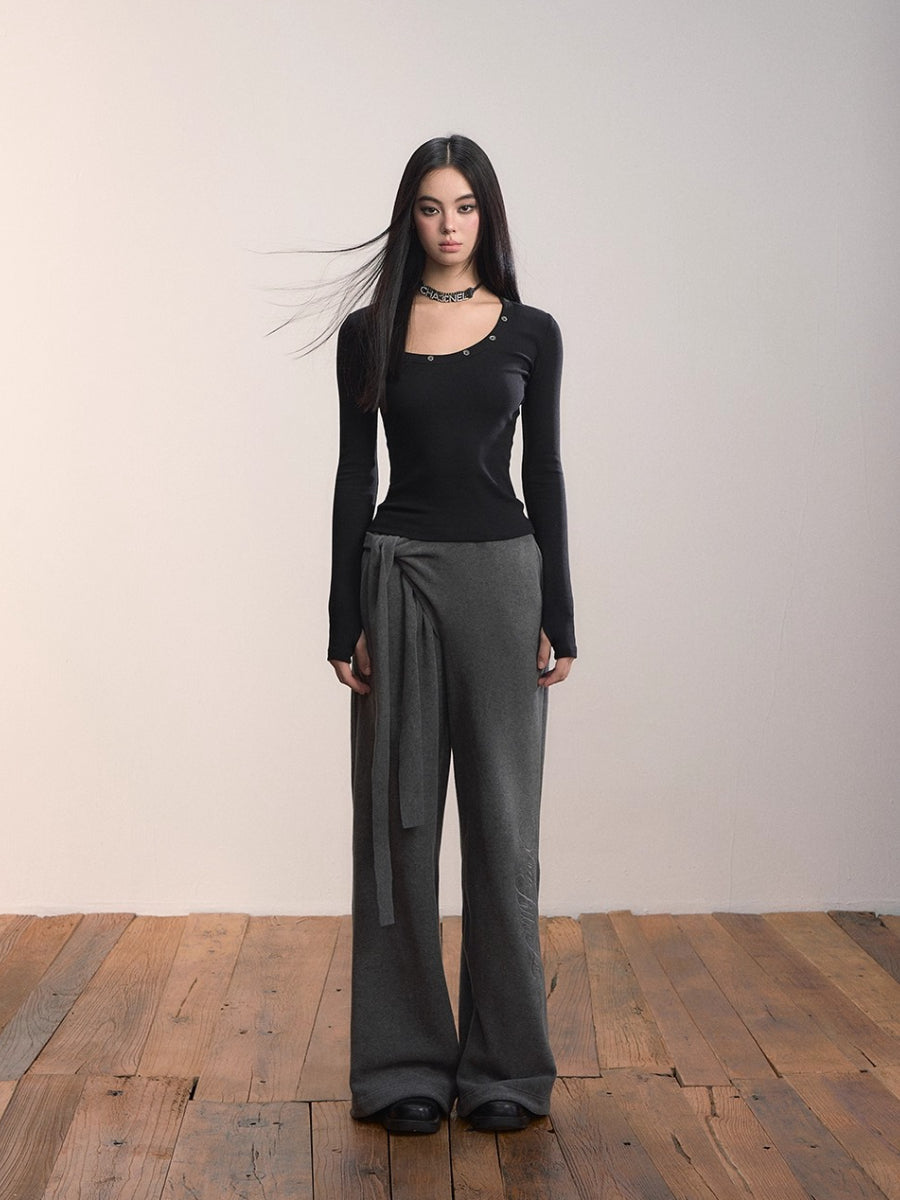 Studded Asymmetric U-Neck Long Sleeve Knit Top