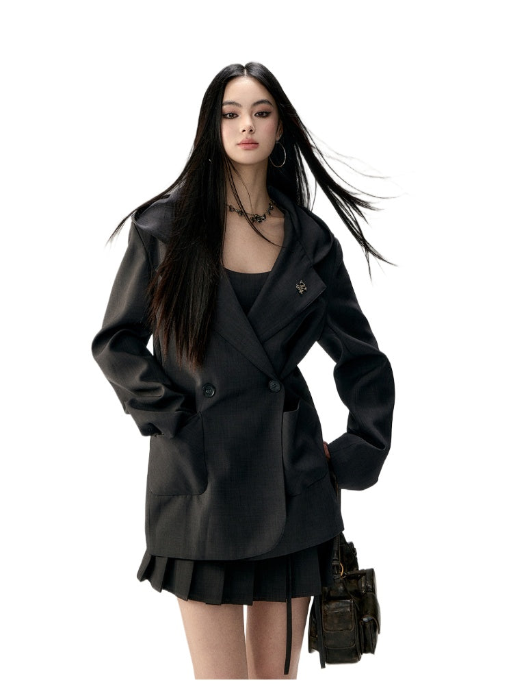 Hooded Waist Cinching Double-Breasted Blazer