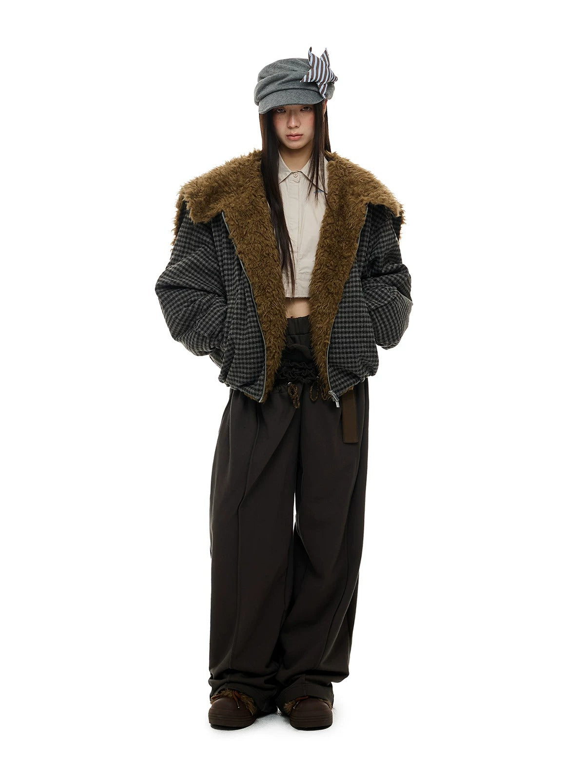 Plaid Wool Hooded Puffer Jacket