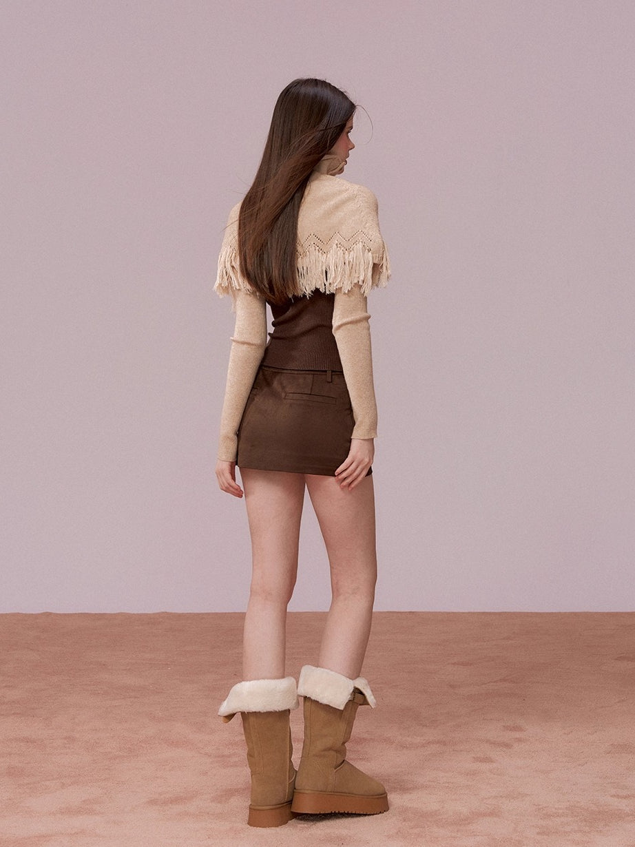 Color-Block High Neck Knit Top & Fringe Cape Set