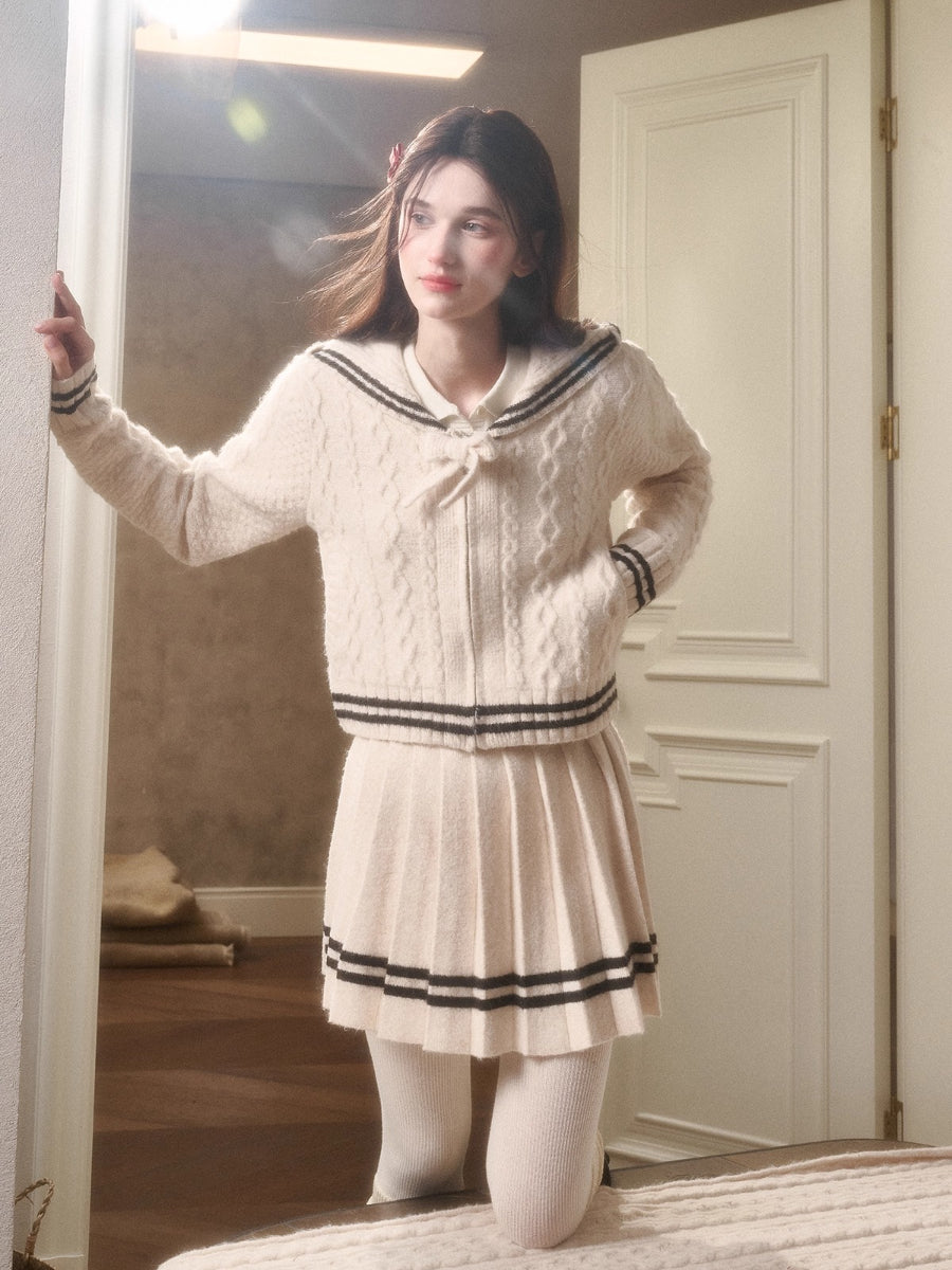 White Philosophy Wool Cloud Cable-Knit Cardigan & Skirt Set