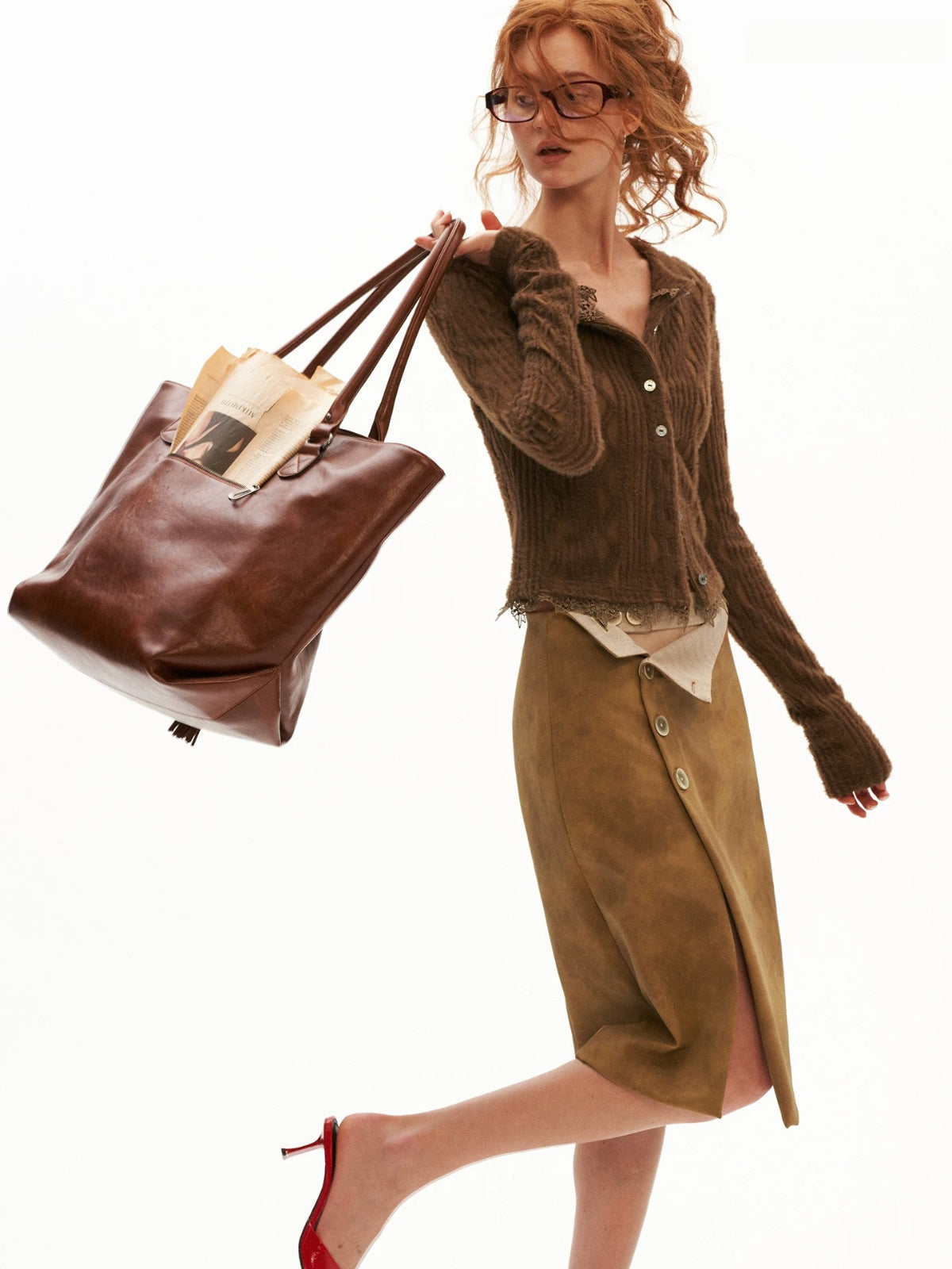 Vintage Washed Leather Midi Skirt