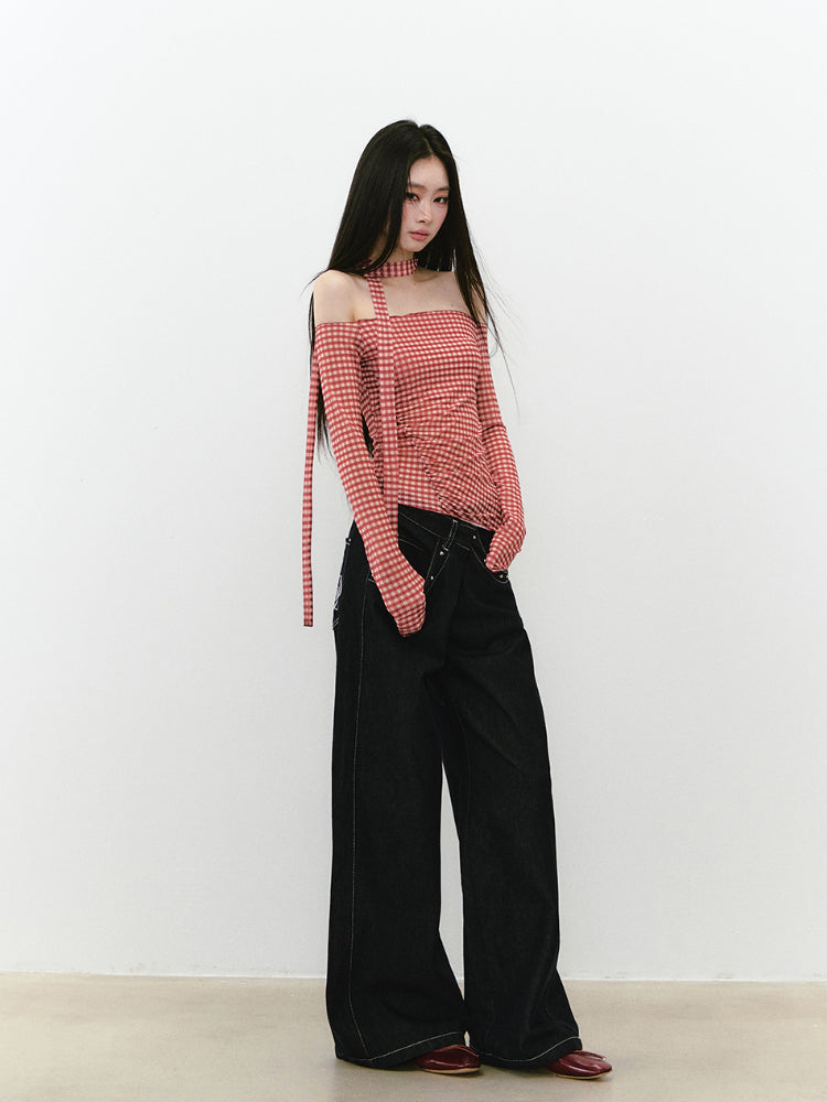 Plaid Mesh Ribbon Sunshade Long Sleeve T-shirt