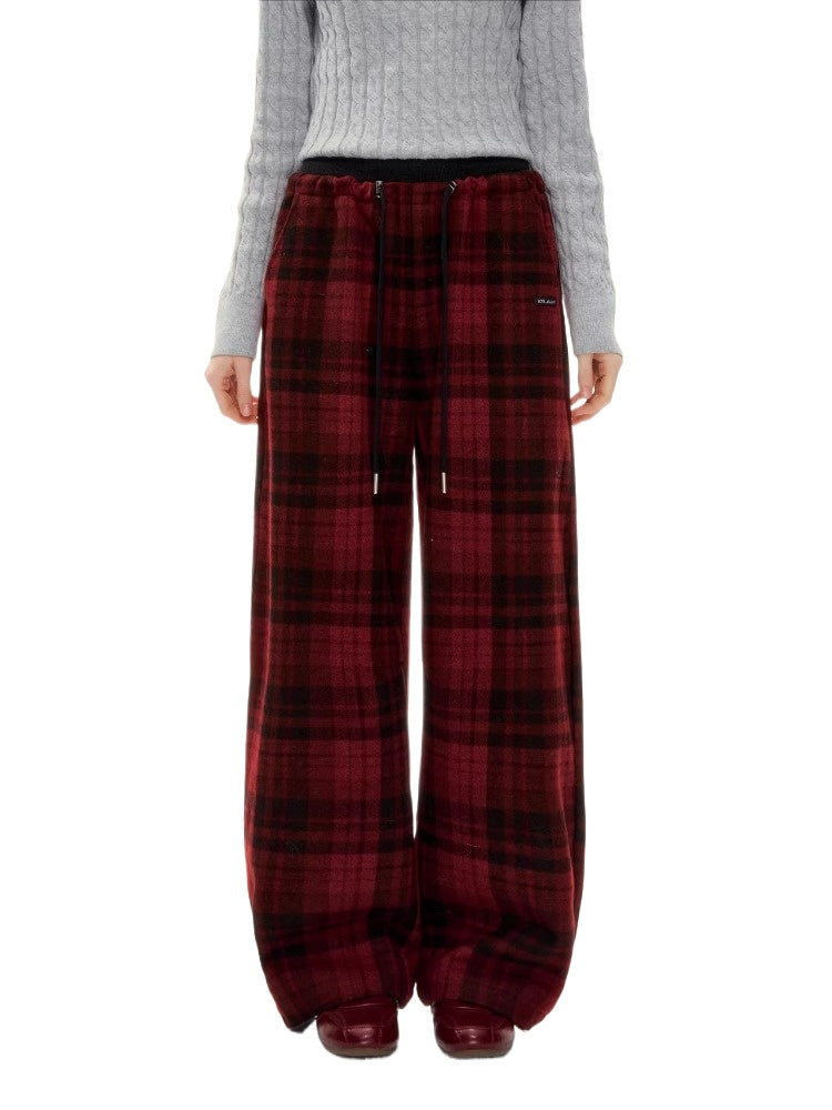 Red Plaid Wool-Blend Drawstring Wide-Leg Pants