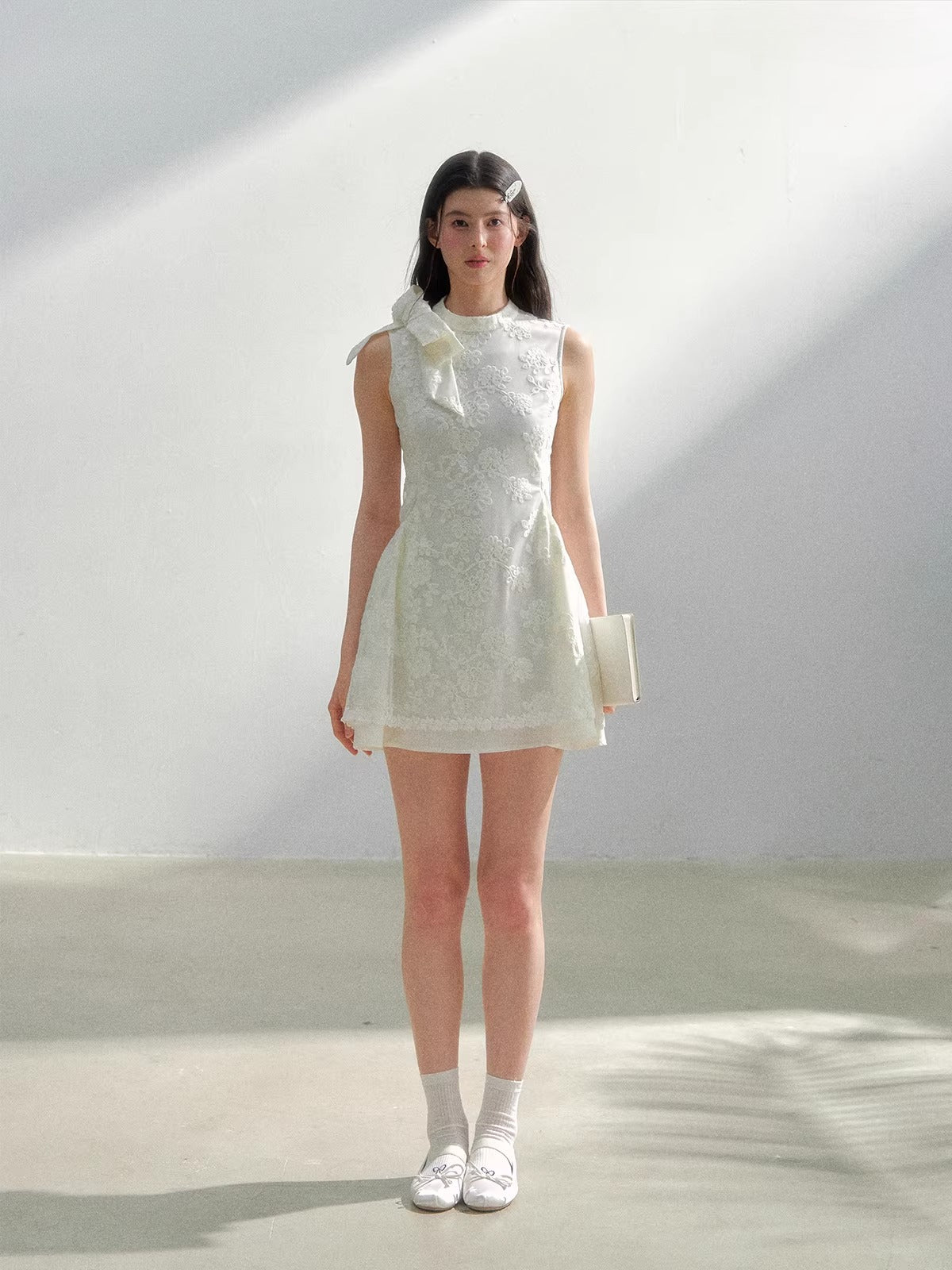 Beige Lace Embroidered Mini Dress