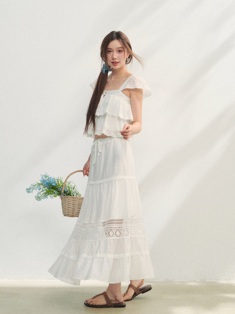 Soft Flutter Sleeve Blouse & Skirt Set