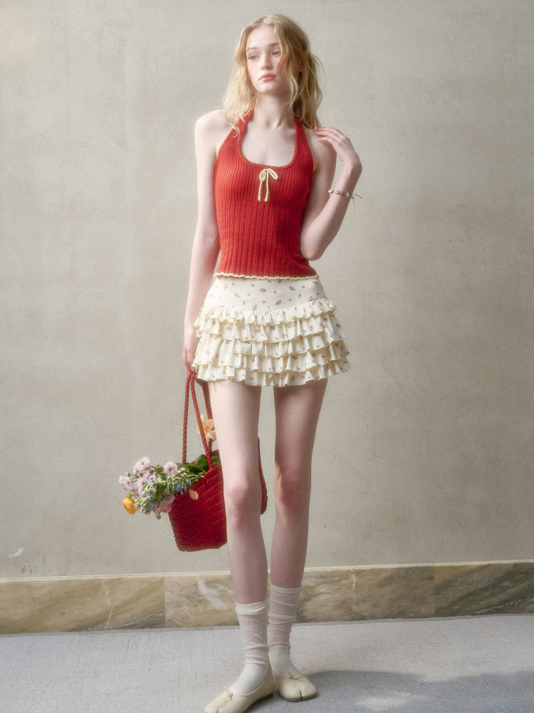 Hollow-out Color-blocking Knit Top