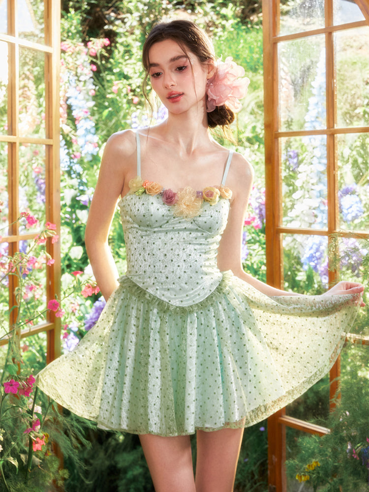Polka Dot 3D Floral Mesh Strap Dress