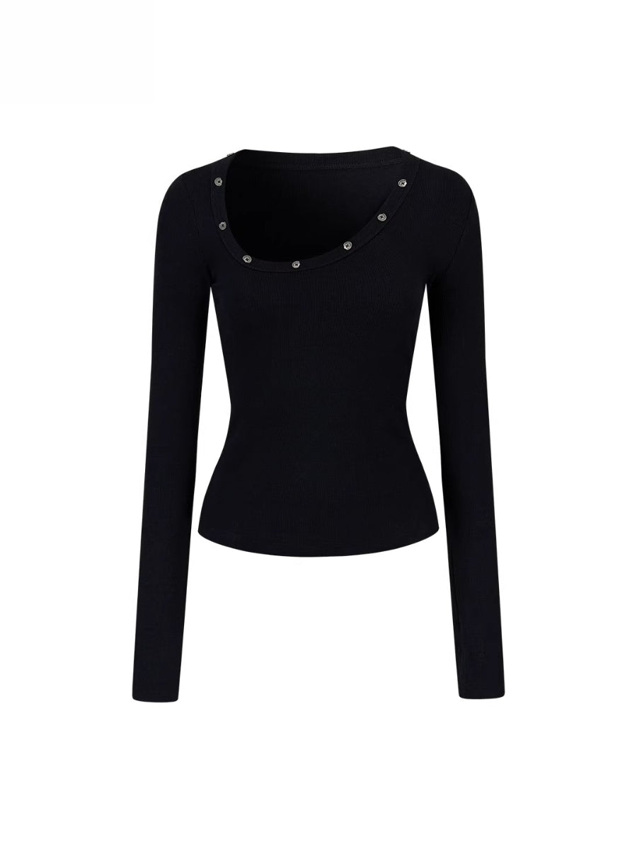 Studded Asymmetric U-Neck Long Sleeve Knit Top