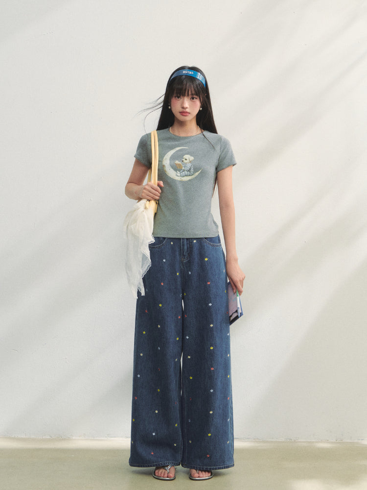 Colorful Floral Embroidered Straight-Leg Jeans