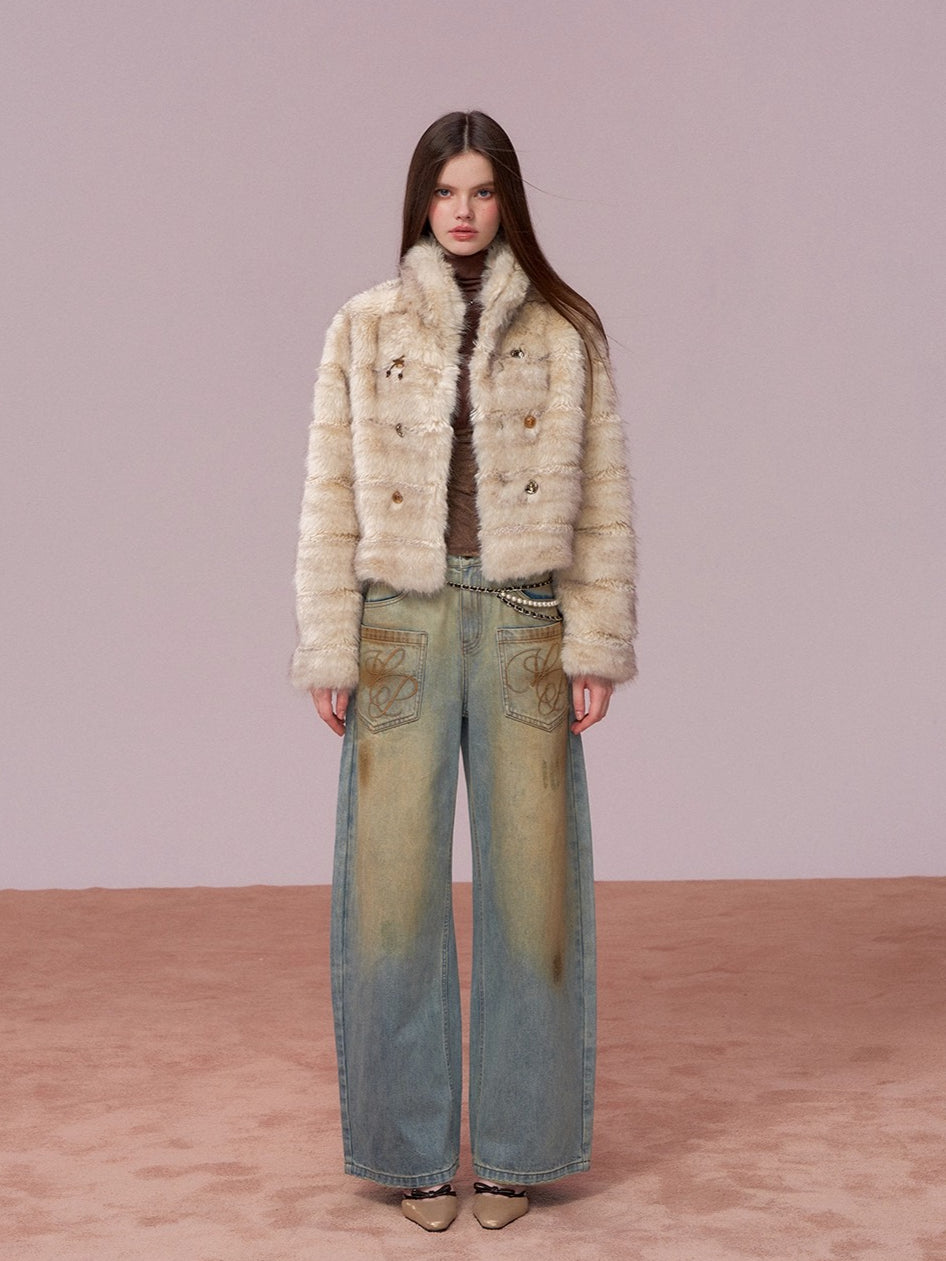 Apricot Double-Breasted Fur Jacket