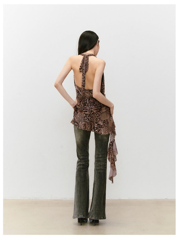 Halter Leopard Print Gathered-Waist Sleeveless Dress