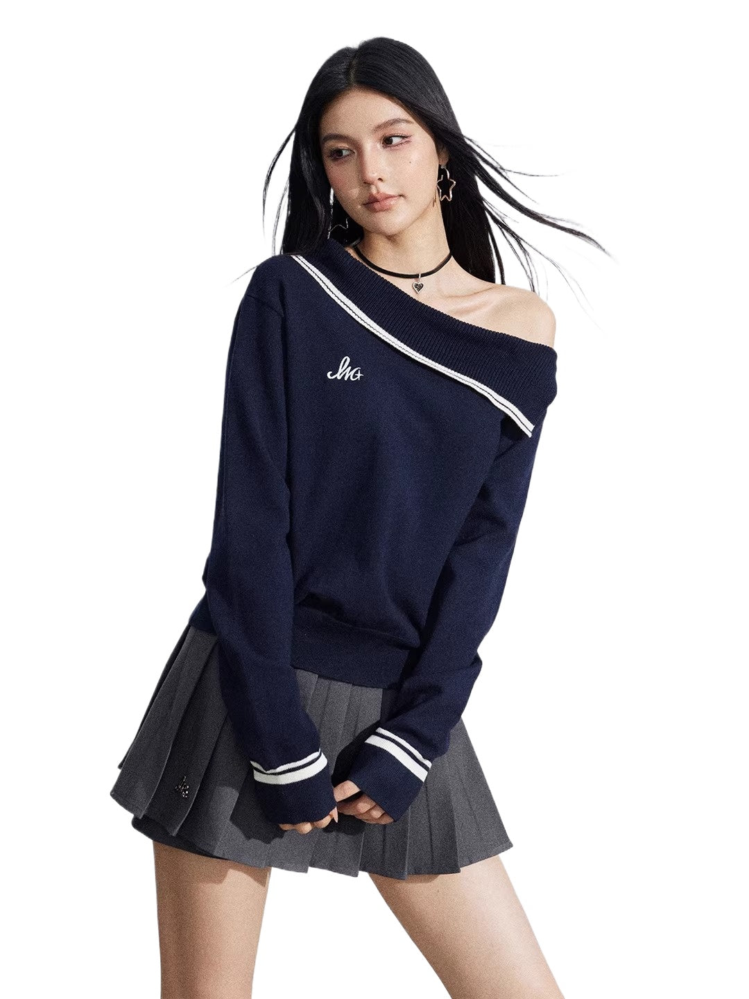 Navy Blue Asymmetric Knit Top