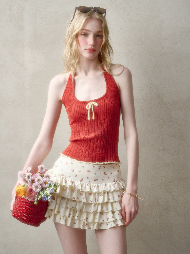 Hollow-out Color-blocking Knit Top