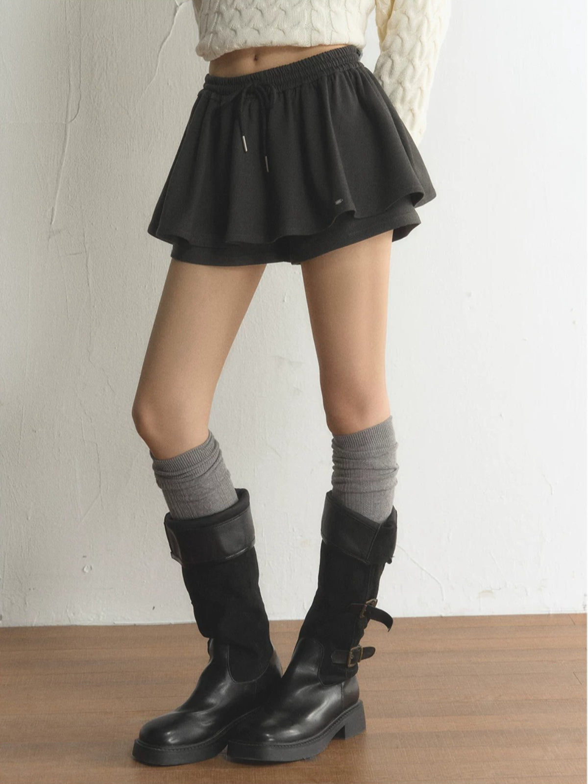 Drawstring Waist Flared Mini Skort