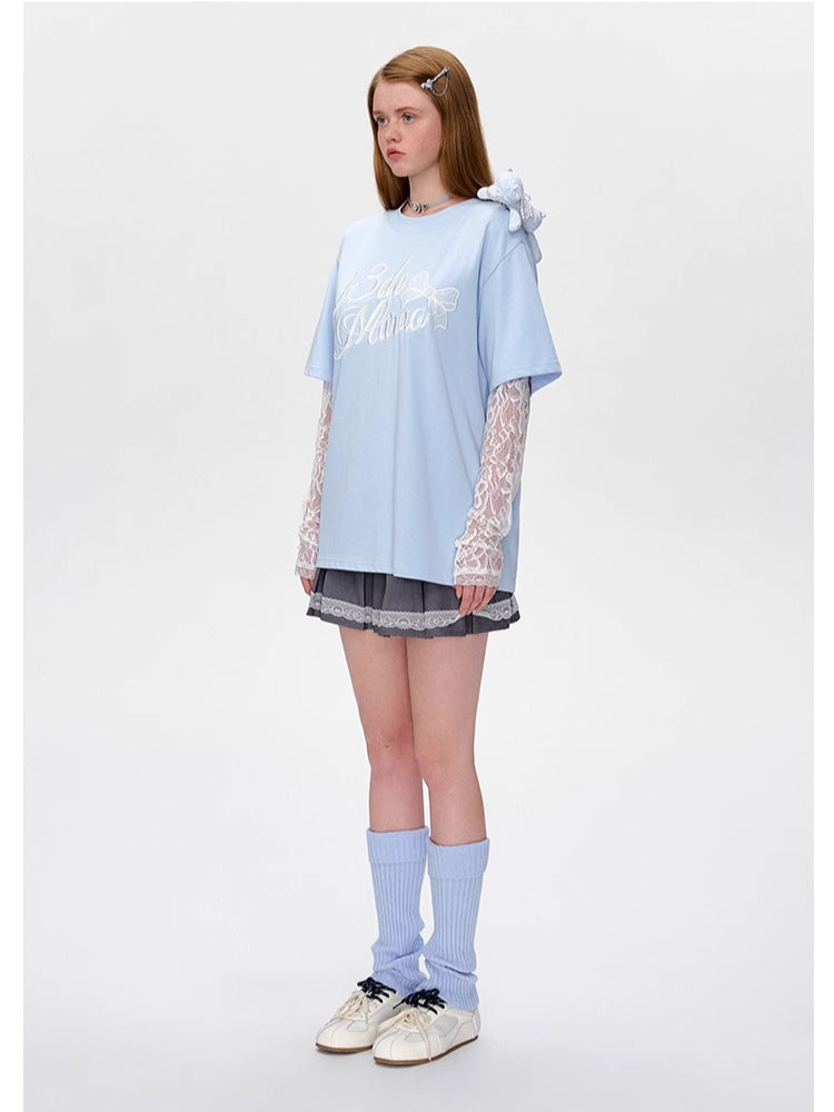 Lace Bear Fake Two- Piece Round-Neck T-Shirt