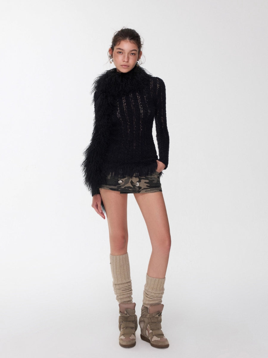 Cable Knit Faux-Fur Trim Fitted Sweater