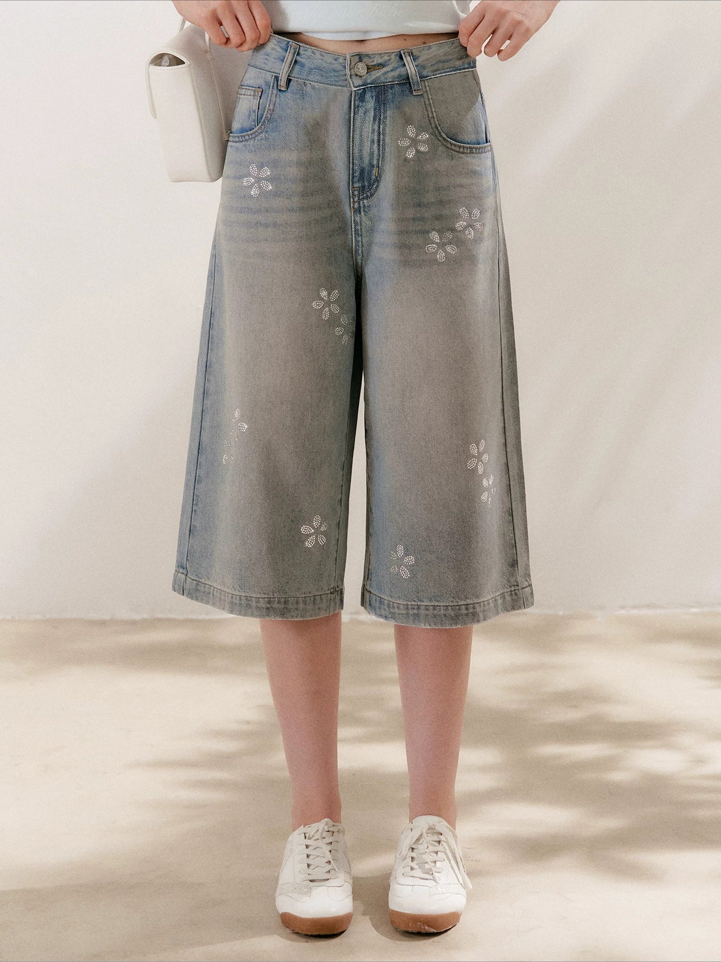 Rhinestone Cropped Wide-Leg Jeans