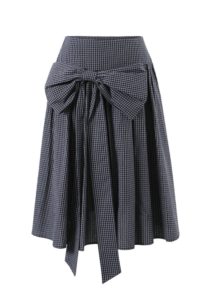 Checkered Bow A-line Midi Skirt