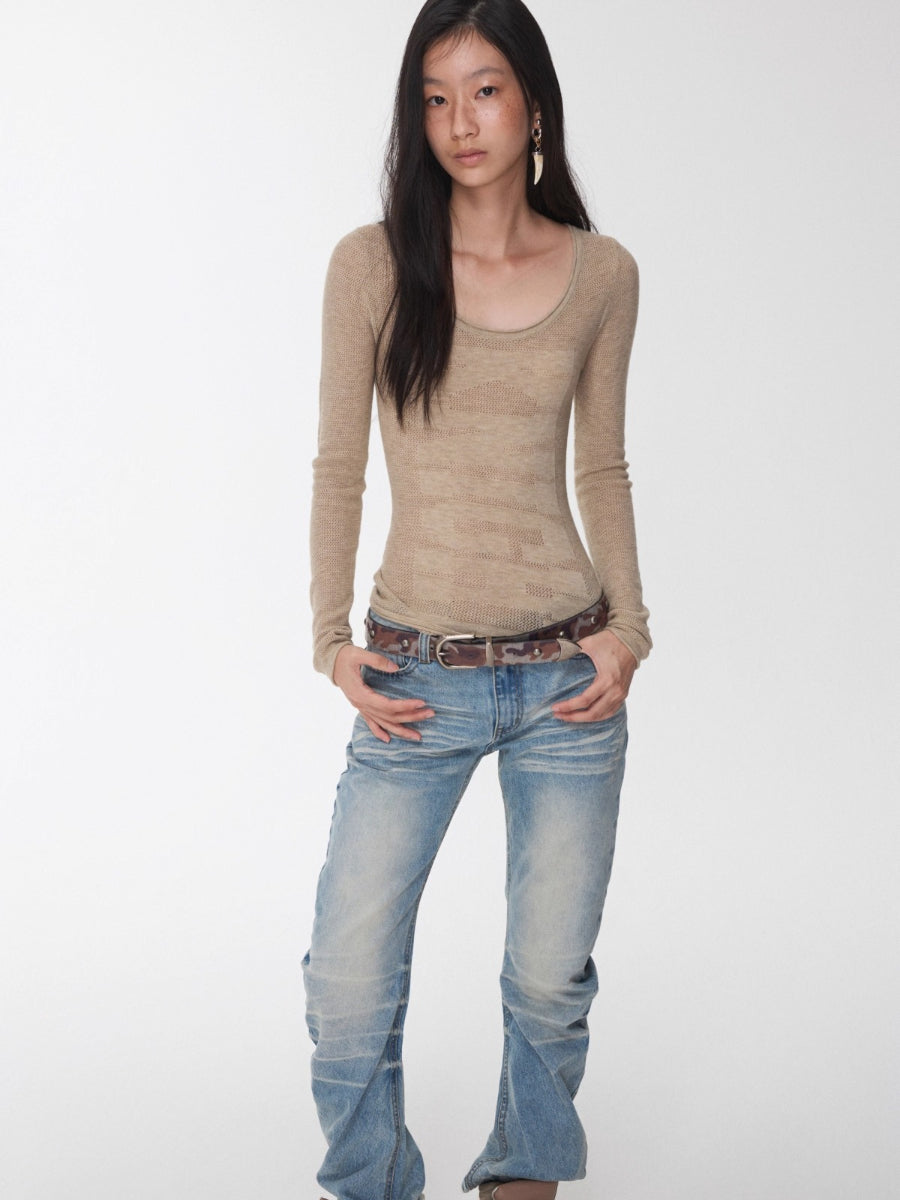 Crewneck Textured Open-Knit Wool Sweater