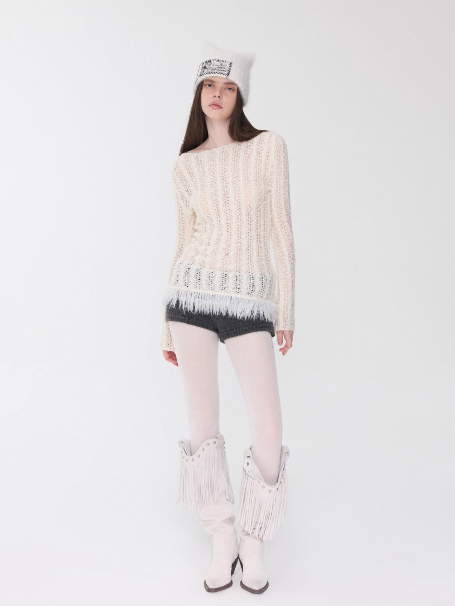 Cable Knit Faux-Fur Trim Fitted Sweater