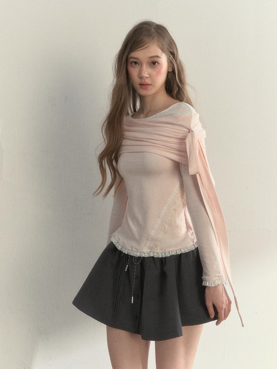“Ribbon Shoulder” Off-Shoulder Knit Top