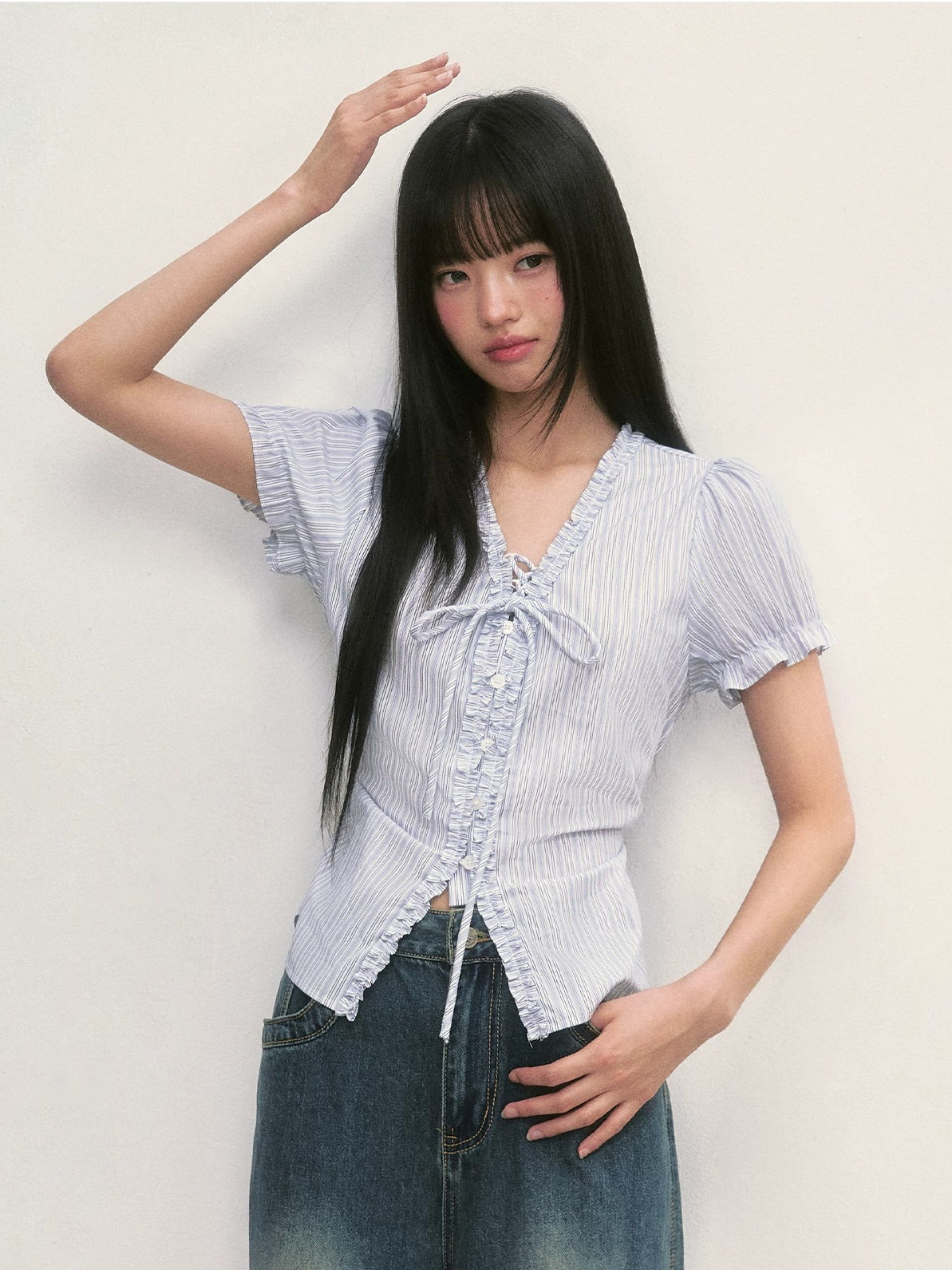 Striped Ruffle Tie Blouse