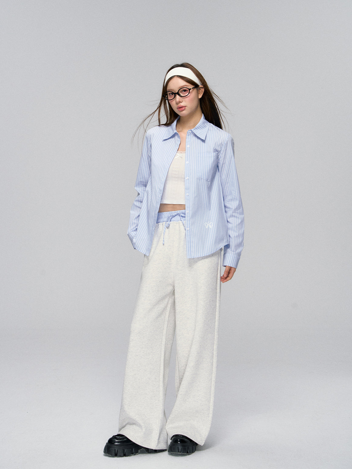 Striped Contrast Waist Wide-Leg Pants