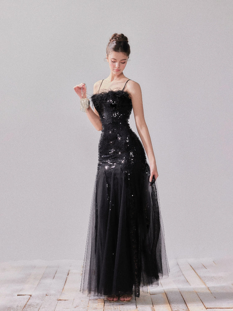 Sequin Mesh Fishtail Dress