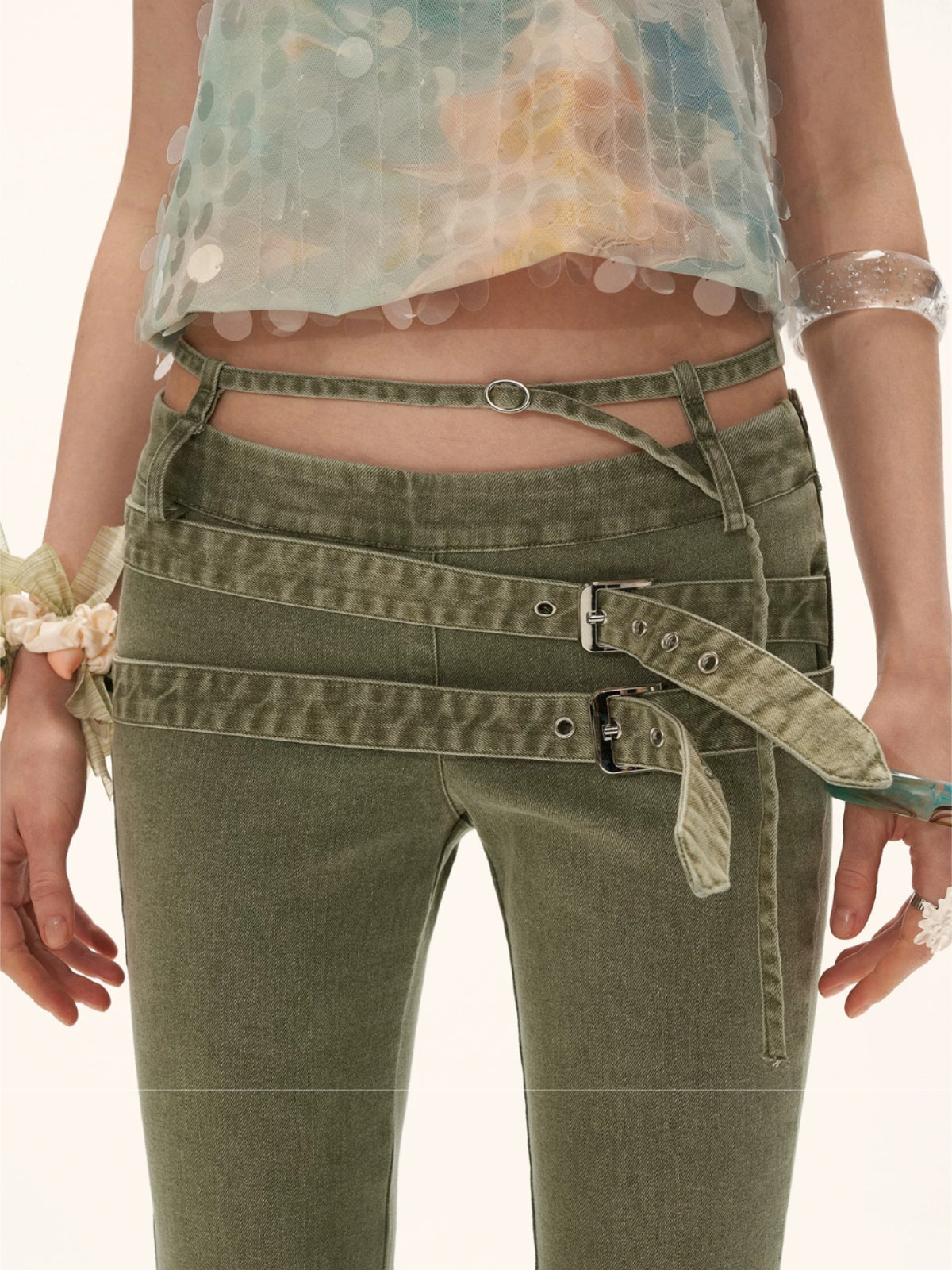 Vintage Multi-Belt Flared Denim Pants