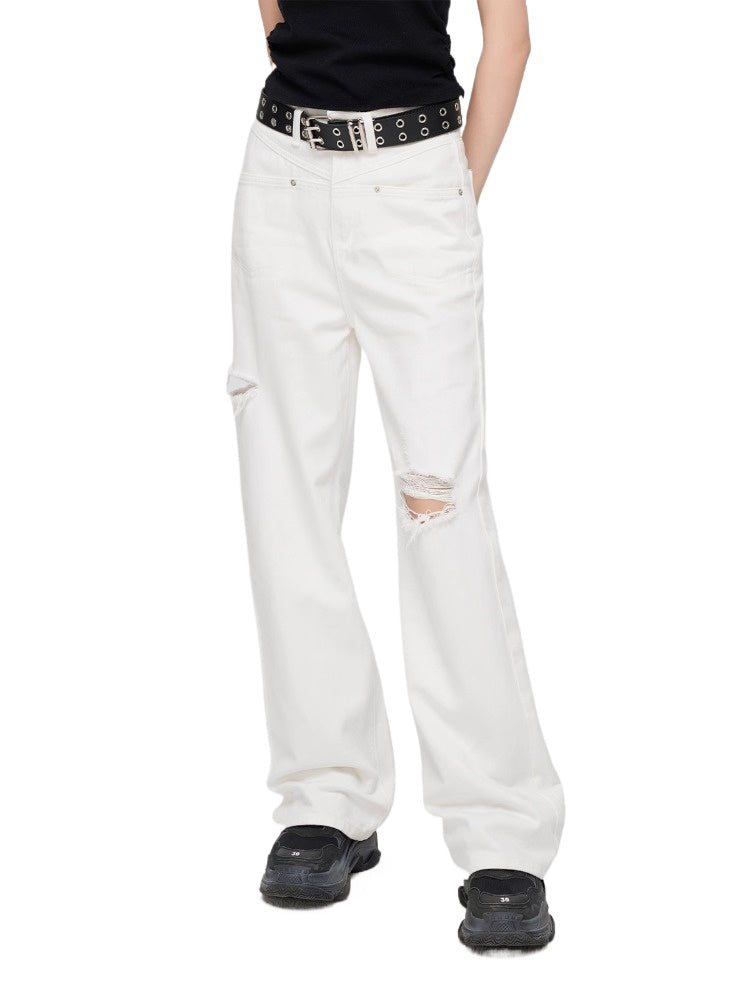 Ripped Denim Wide-Leg Pants