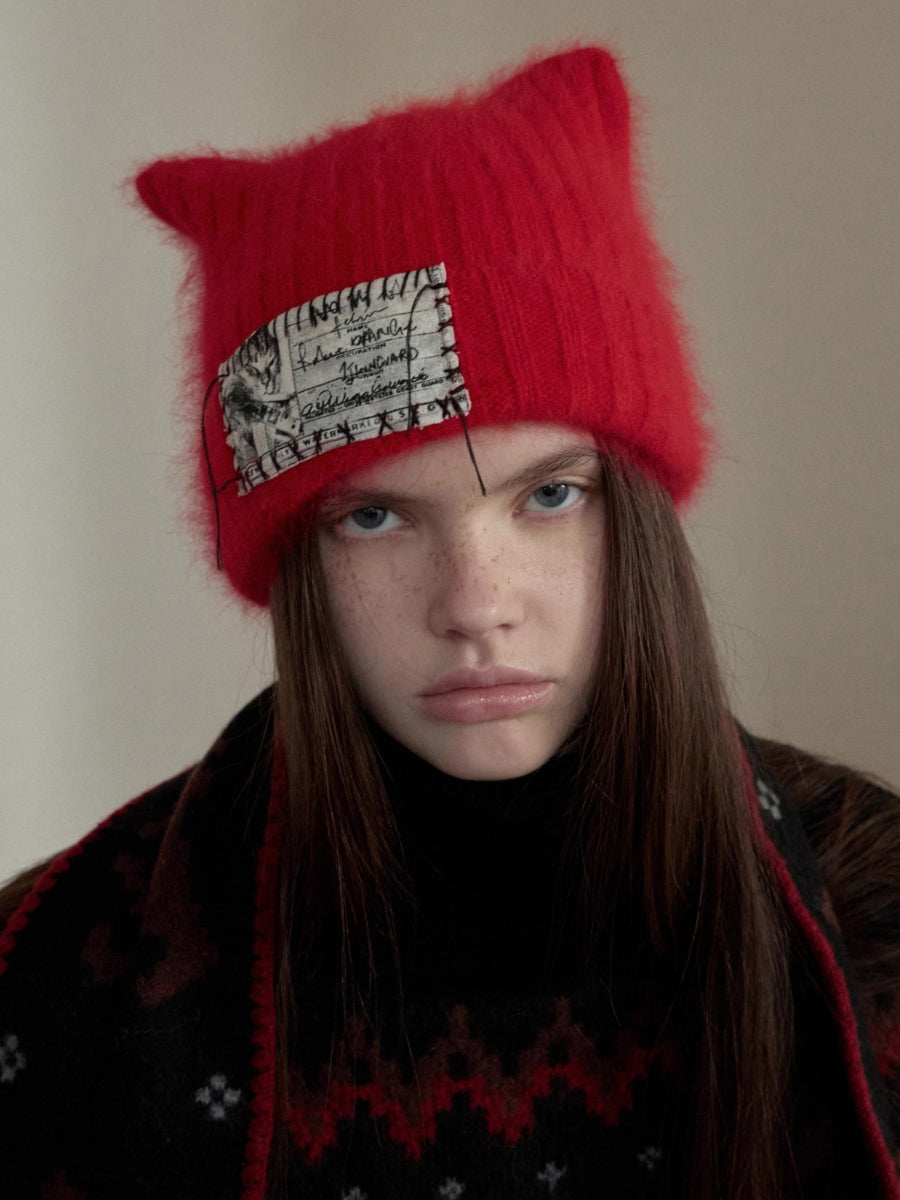 Knitted Cat-Ear Beanie with Hand-Stitched Label