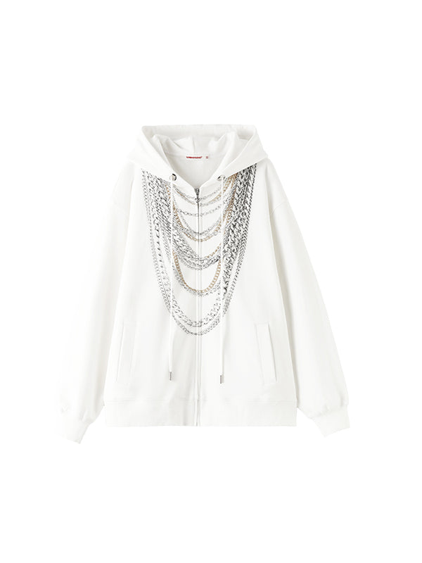 Black & White Oversized Chain Print Hoodie Cardigan