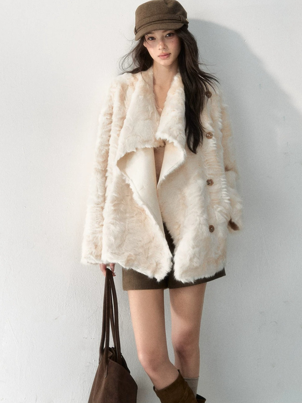 Asymmetric Collar Faux Fur Coat