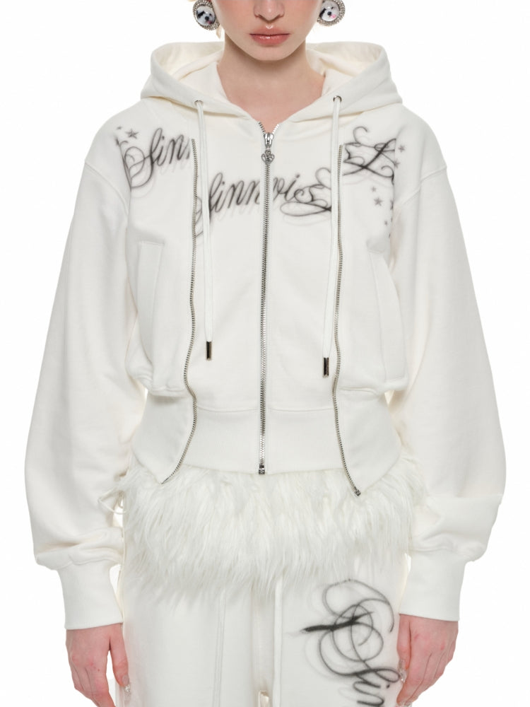 White & Gray Cropped Hoodie Cardigan