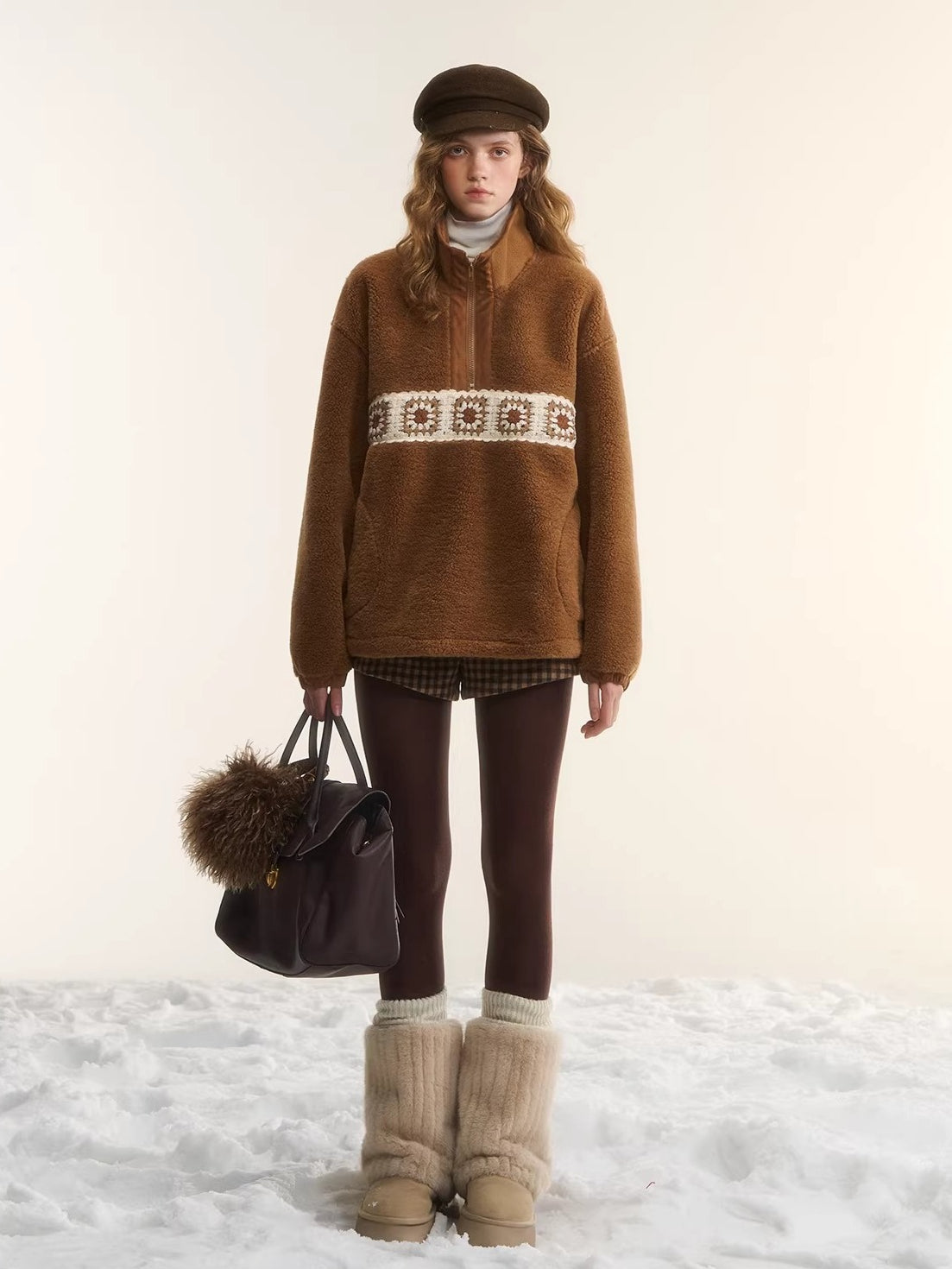 Brown Patchwork Teddy Fleece Zip-Up Sweatshirt