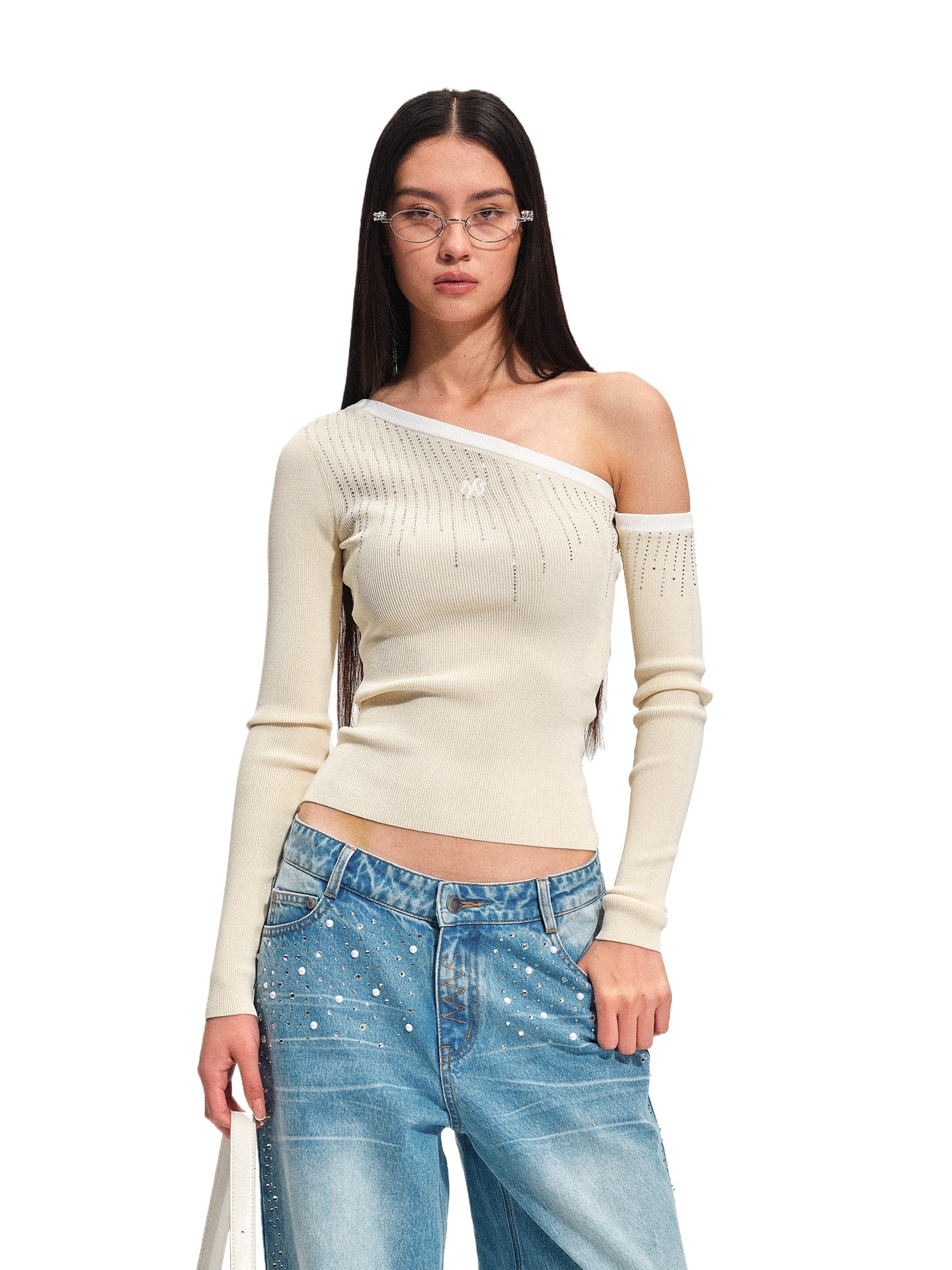 Rhinestone Asymmetric Knit Top