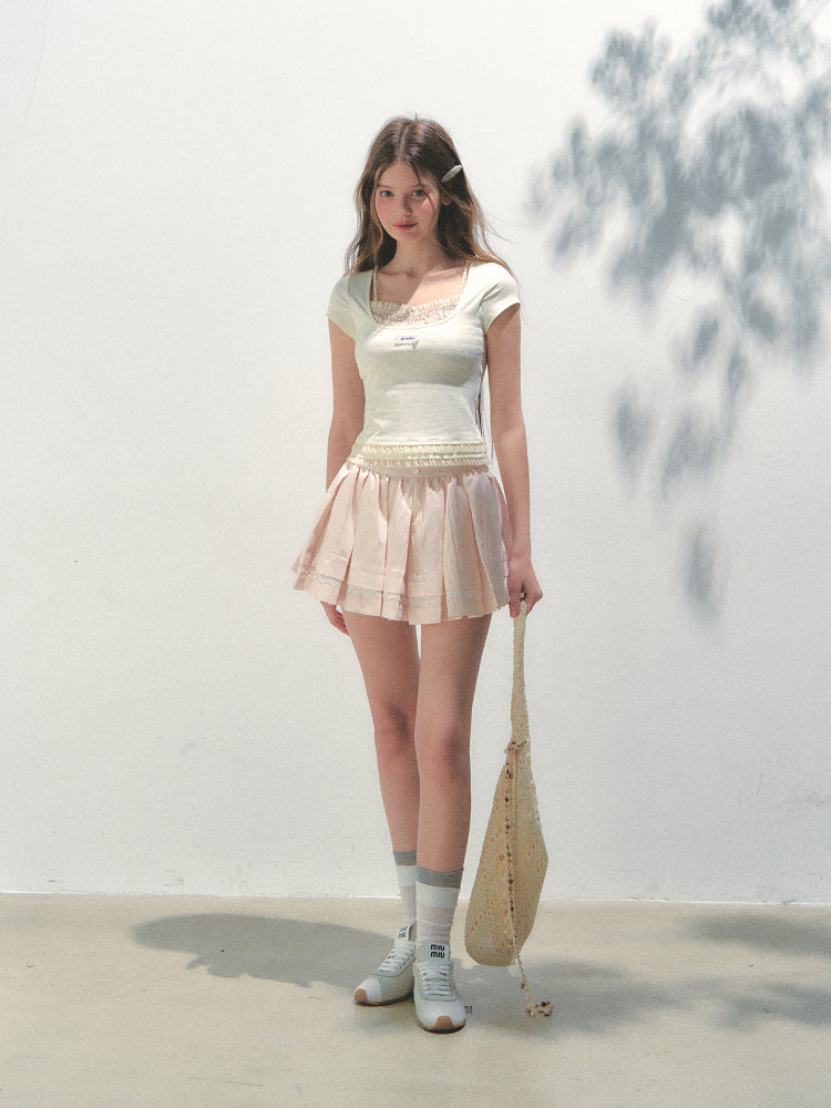 Two-piece Spliced Hem Lace Short-sleeve T-shirt