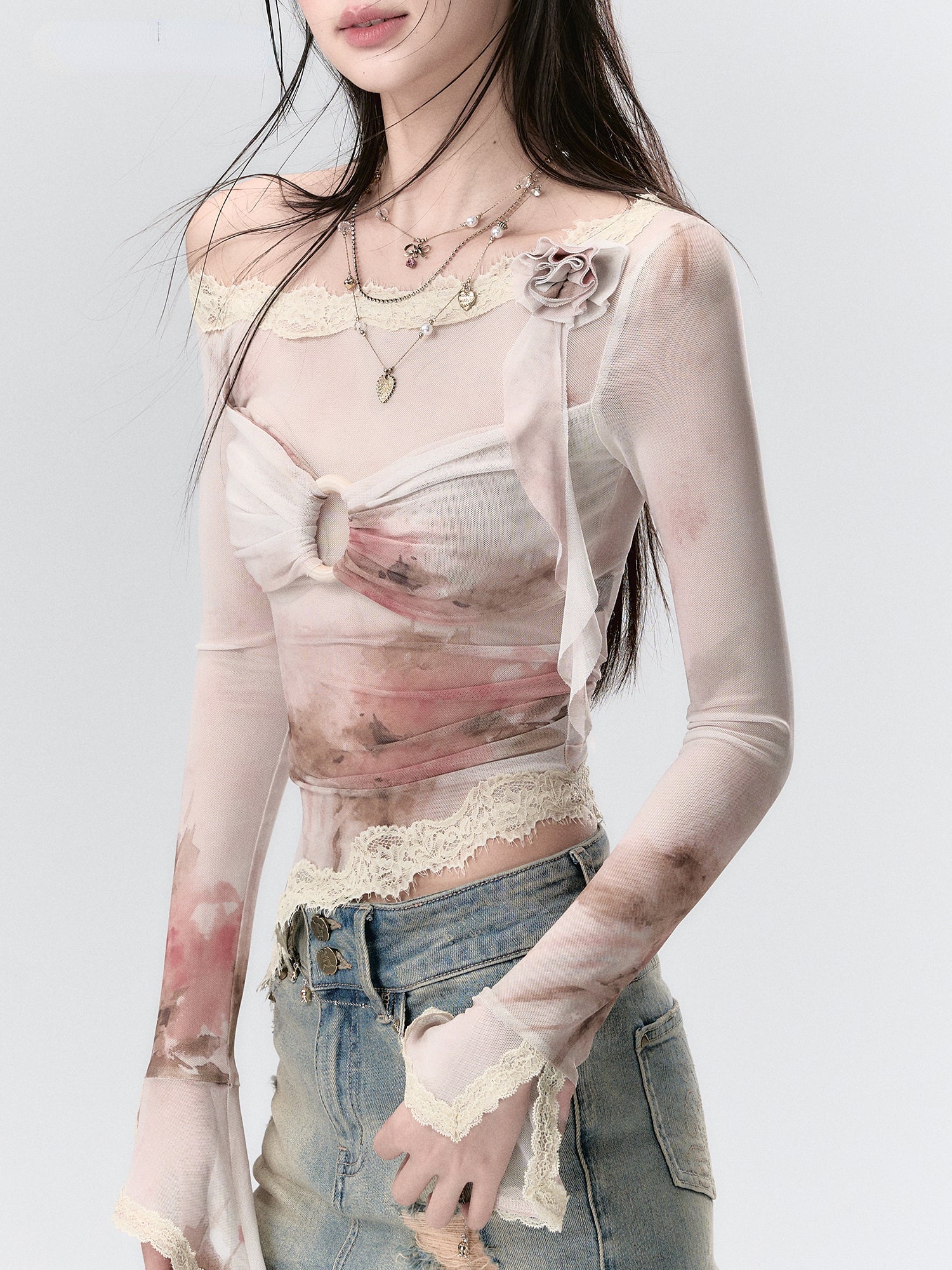 Lace Paneling Mesh Off-the-Shoulder Blouse