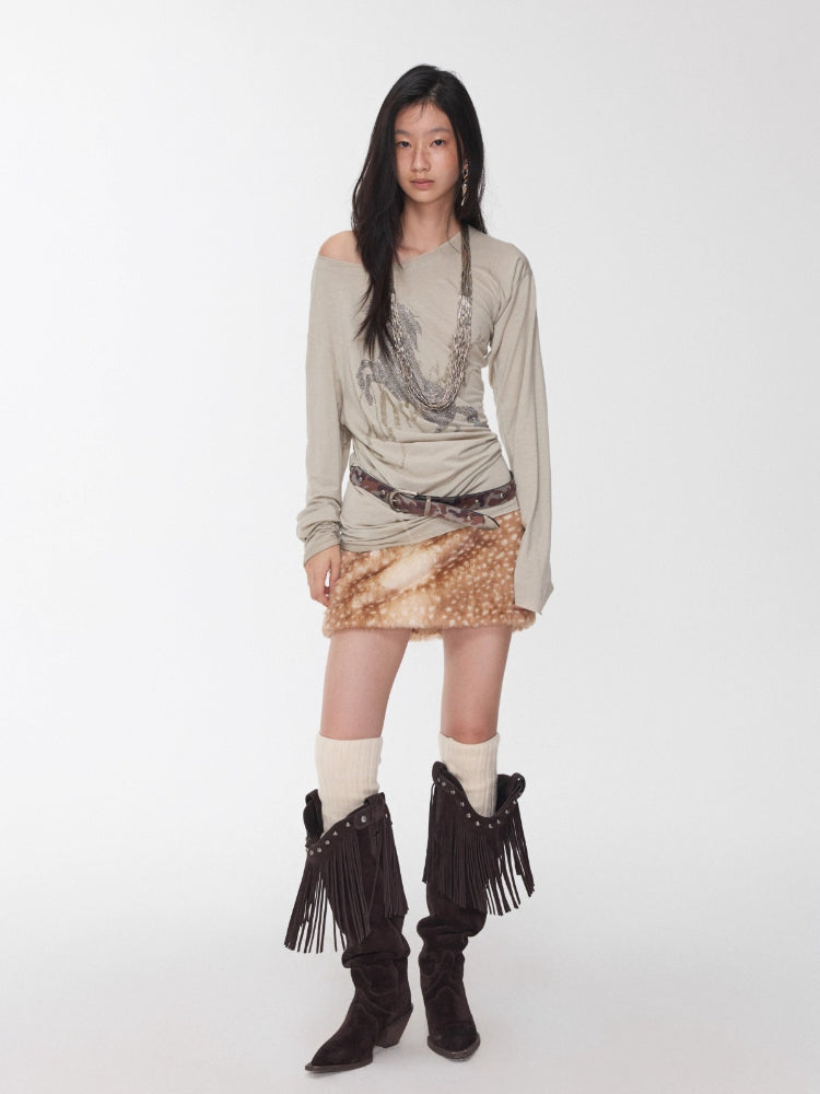 Vintage Deer Print Faux Fur Skirt