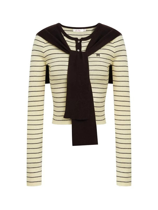 Striped Shawl Collar Knit Top
