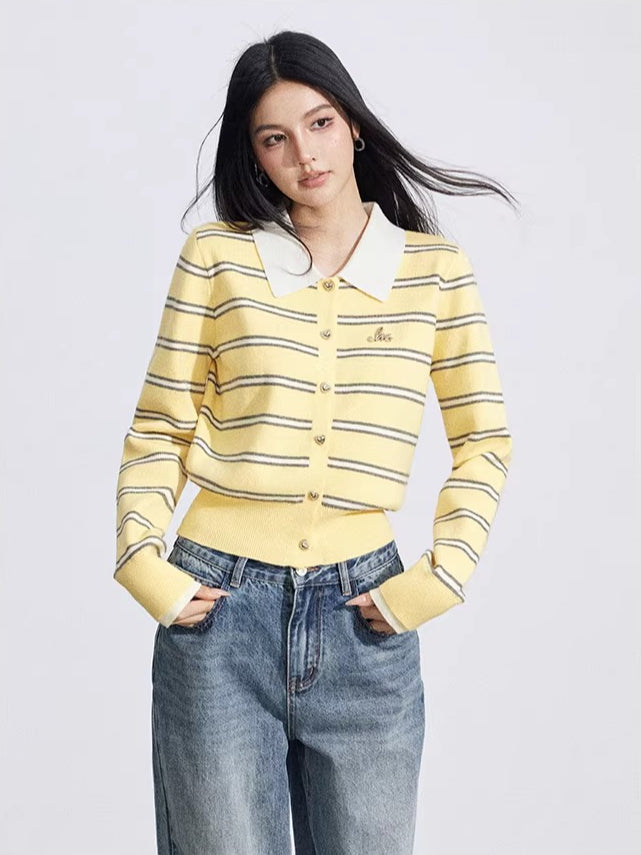 Yellow & Gray Striped Polo Knit Top