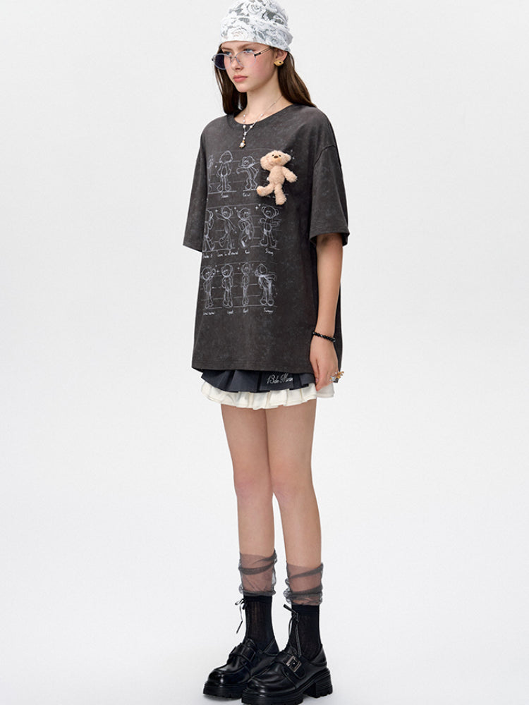 Draft Bear Illustration Round-Neck T-Shirt