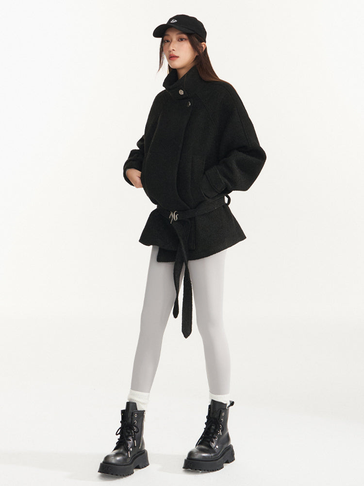 Cream & Black Wool Blend Loose Lapel Jacket